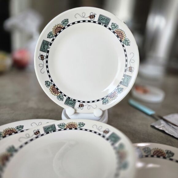 Corelle Sunblossoms 6 3/4 4  plates sunflowers, bumblebees, and seed packets - Picture 2 of 5